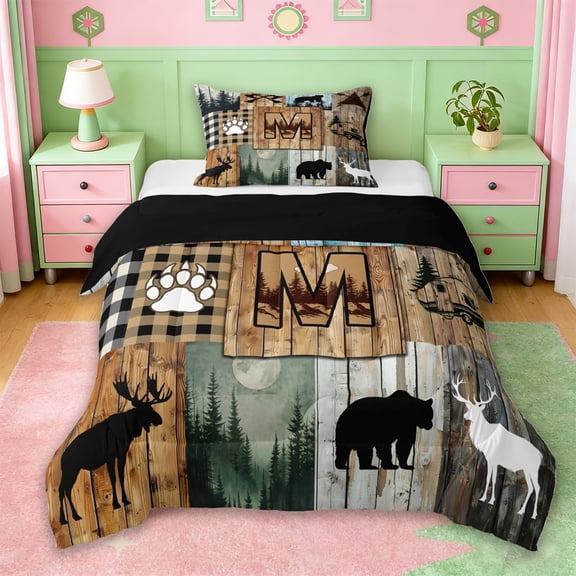 Erosebridal Retro Camper Kids Twin Comforter Sets,Happy Camping Initial Letter M Theme Bedding Set For Boys Men,Reversible black,2-Piece