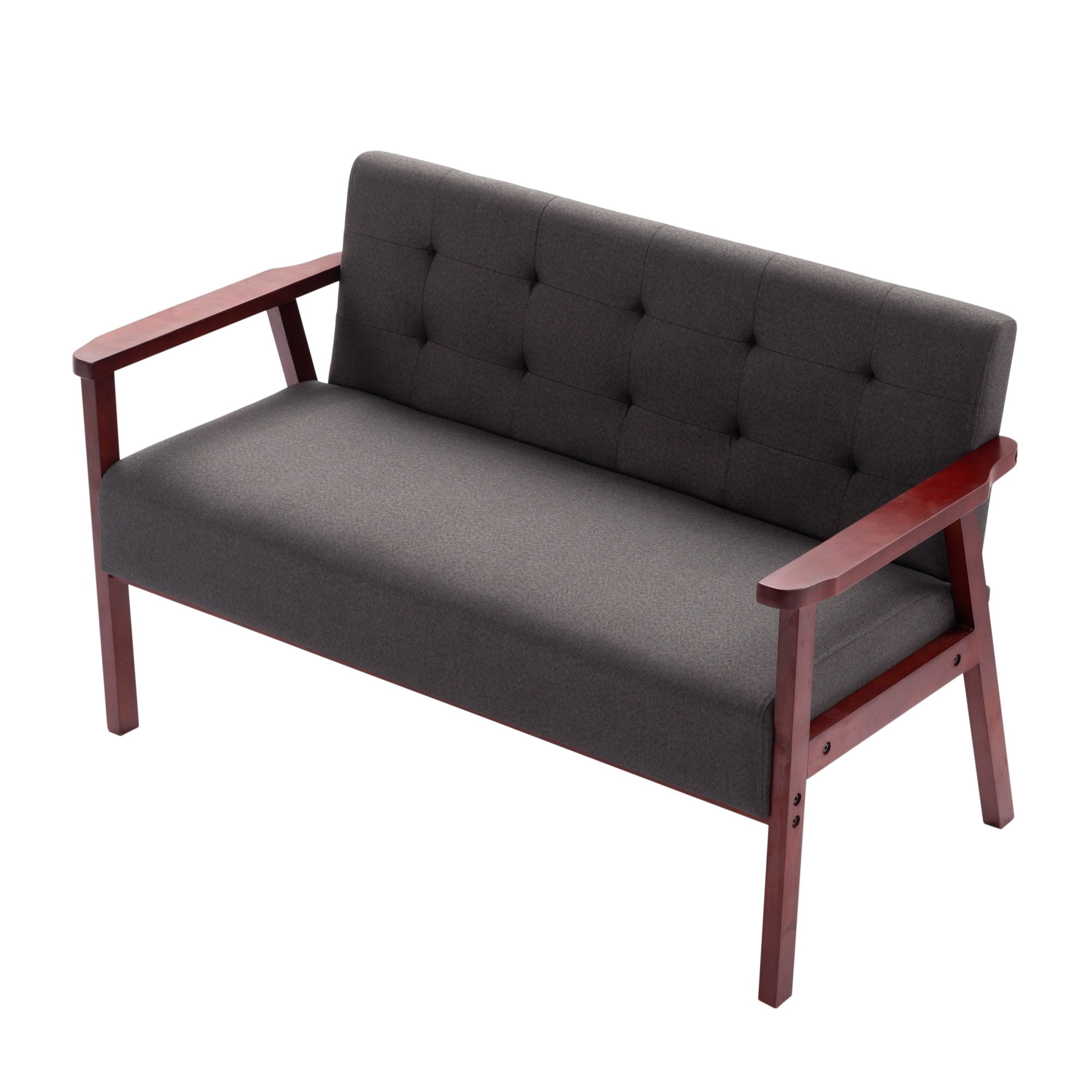 Gewnee Cedar Wood Loveseat, Dark Grey Linen Upholstery, Tufted Back, 300LBS per Seat, Non-Slip Pads, for Living Room, Home Office, Den