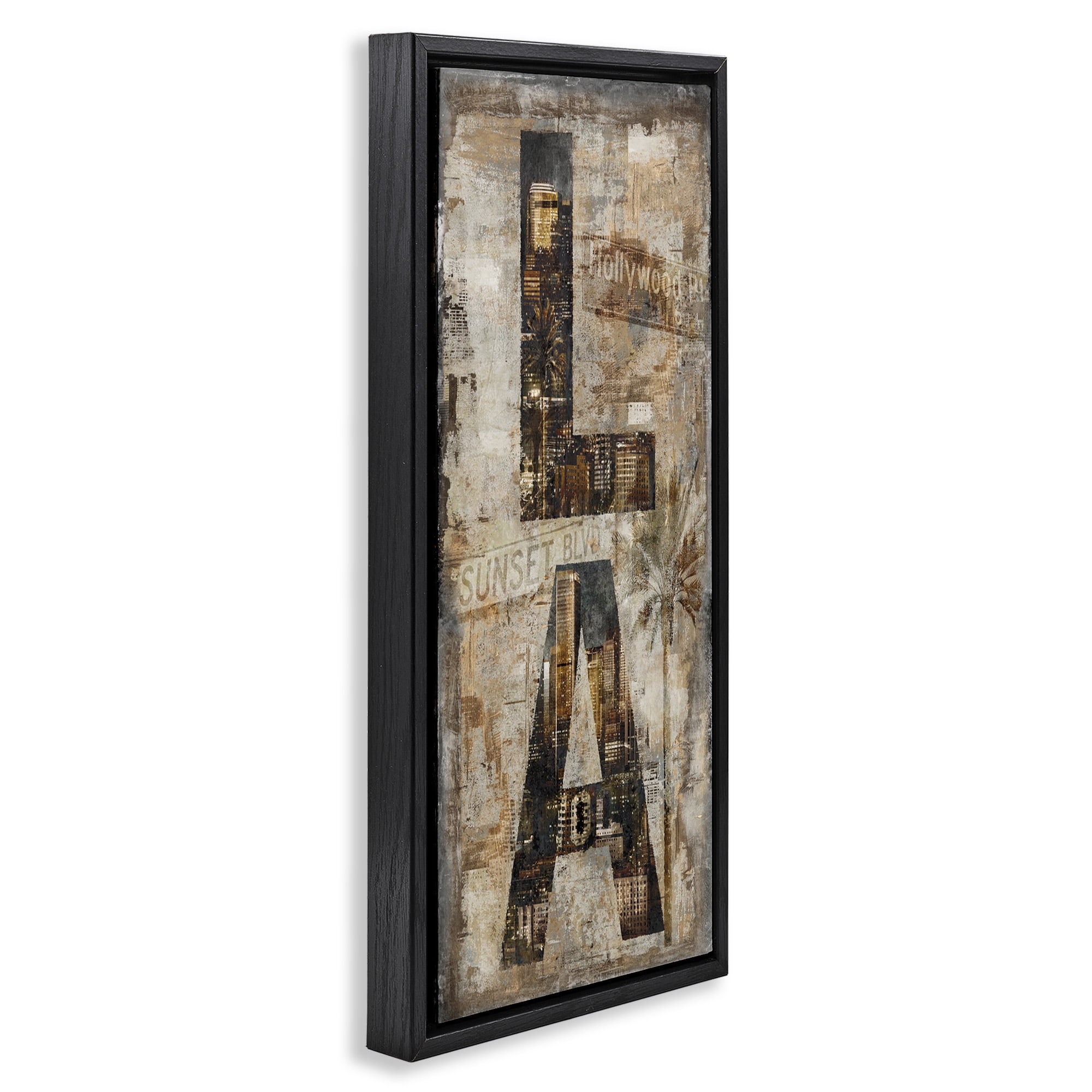 Stupell Industries Los Angeles Montage Collage Town & City Painting Black Floater Framed Canvas Art Print Wall Art, 15 x 31