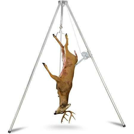 Deer Game Hoist Tripod Deer Hanger Stainless Steel Rack Stand for Hunting Processing Cleaning Hide Skinning with 500lb Capacity Gambrel and Manual Winch - Heavy Duty