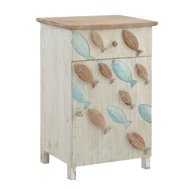 Surrey Single Door End Table with Drawer and Shelves, Natural and Distressed White with Natural and Blue Fish Design