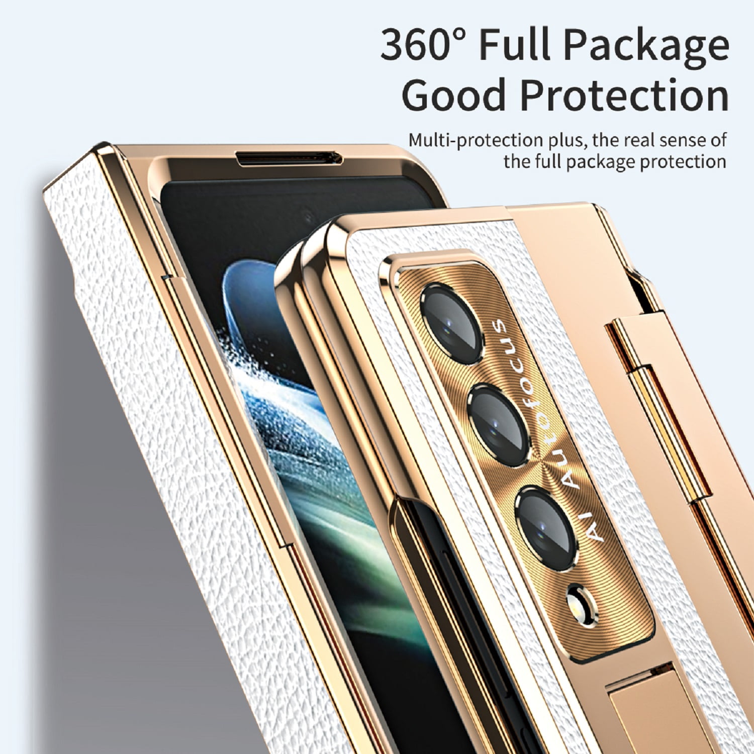 Dteck for Samsung Galaxy Z Fold 4 Case with Screen Protector, Hinge Protection Case Full Body PC Protective Phone Case with Kickstand for Samsung Galaxy Z Fold4 5G,Gold+White