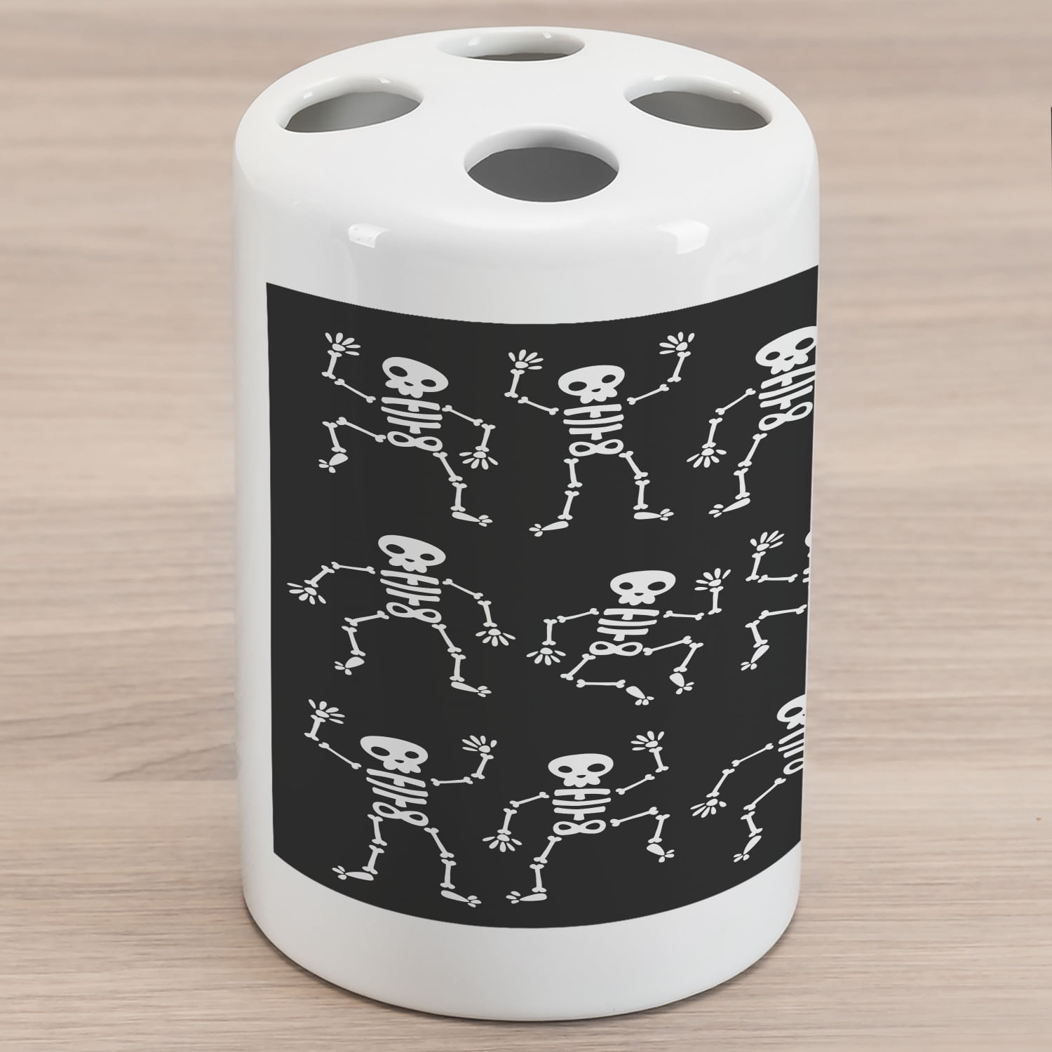 Skeleton Ceramic Toothbrush Holder, Halloween Fun Themed Dancings Continuous Pattern Illustration, Decorative Versatile Countertop for Bathroom, 4.5' X 2.7', Charcoal Grey and White