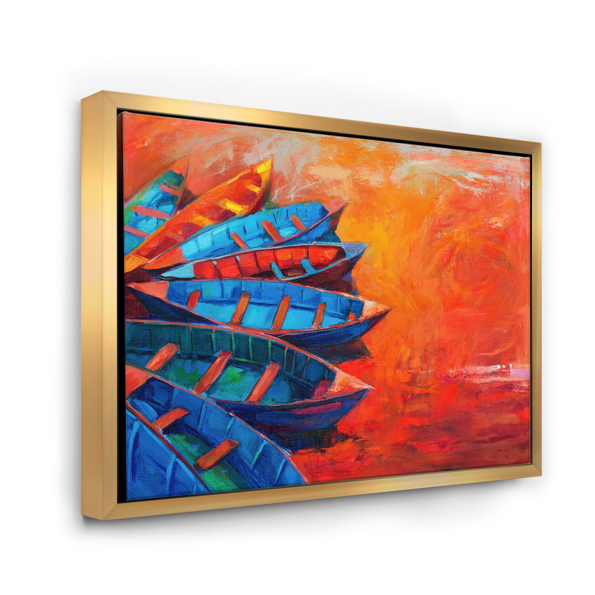 Boats During Warm Sunset Resting On The Water V 32 in x 16 in Framed Painting Canvas Art Print, by Designart