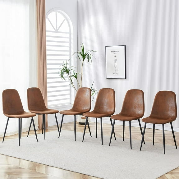 LUFTUT Dining Chairs Set of 6, Modern Mid-Century Style Side Chairs with Fabric Upholstered Seats and Black Metal Legs for Dining Room, Kitchen, Lounge, Rustic Brown
