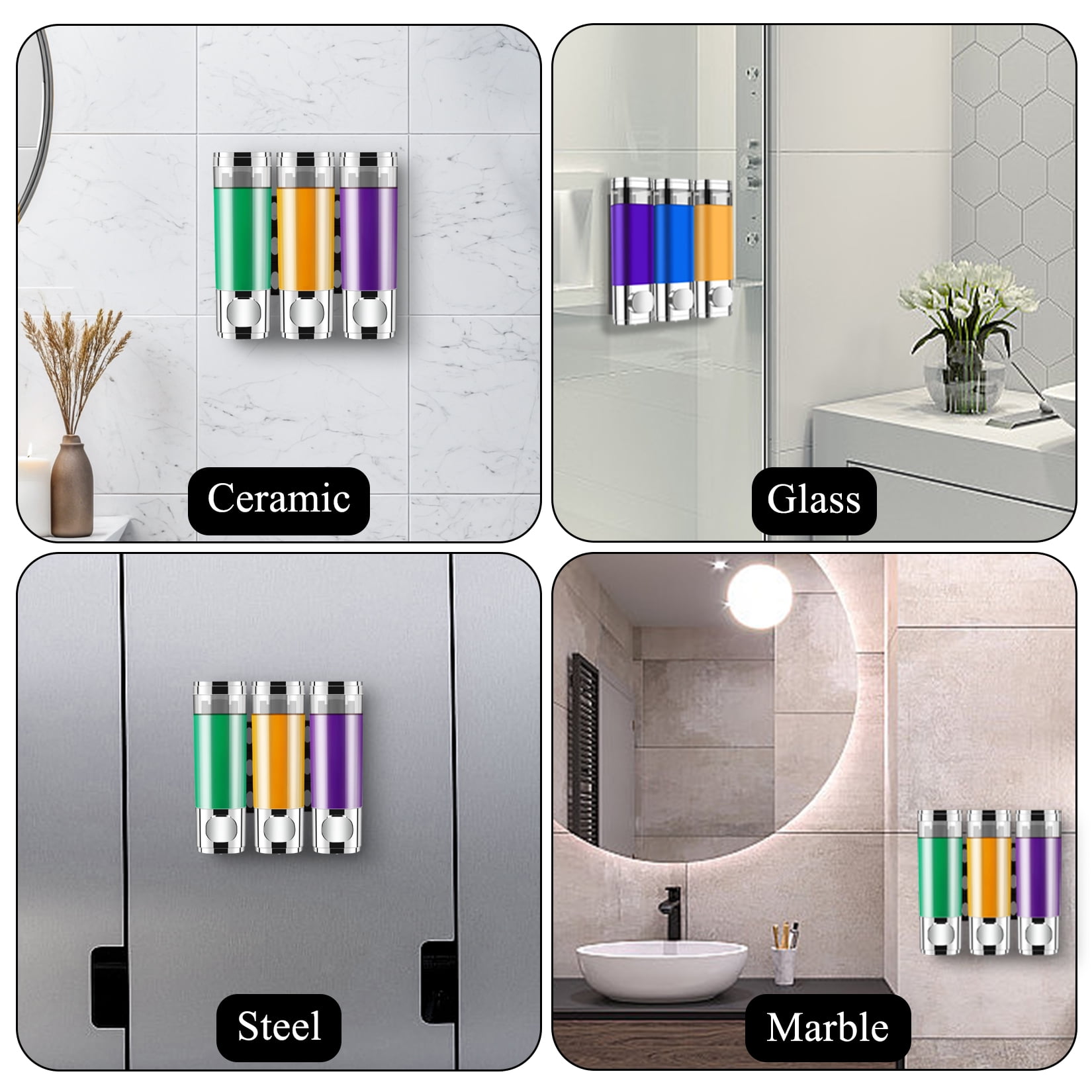 Shampoo Dispenser for Shower, Shower Shampoo Dispenser 3 Chamber, Shower Soap Dispenser Wall Mounted, Suitable for Bathroom, Kitchen, Hotel(Chrome)
