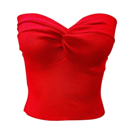 DuoJiaJ Elegant Strapless Solid Color Knit Top For Women Stretchable Tube Bandeau Bra Crop Tops For Casual Or Party Wear Womens Casual Ribbed Knit Tank Tops