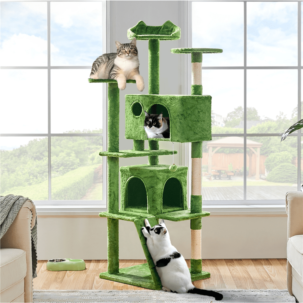 Alden Design 70'' Height Multilevel Cat Tree with 2 Condos for Kittens/Small Cats, Green