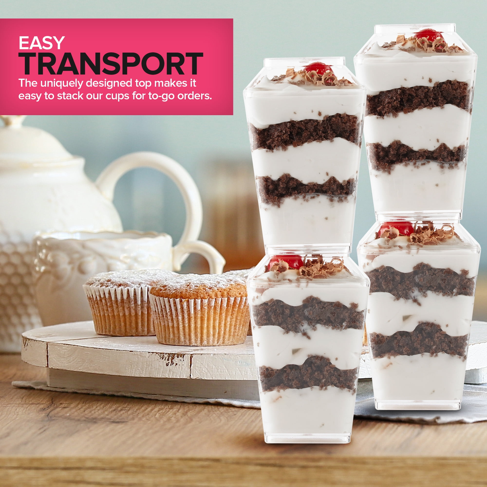 100 Pack 5 oz Elegant Mini Clear Plastic Dessert Cups with Lids and Spoons Square Parfait Cup w/Lid for Small Individual Desserts, Pudding Shooters, Appetizers, Trifle Shooter