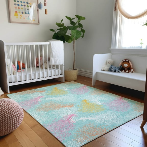 Addison Rugs Mayfield Washable Coastal Coral Aqua Rectangle Rug, 10' x 14'