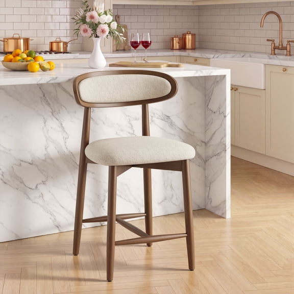 EOP Upholstered Counter Height Bar Stool with Back, Modern Kitchen Island Stool, Wood Leg Bar Chair for Kitchen Island Dining Room Bar Counter, Beige