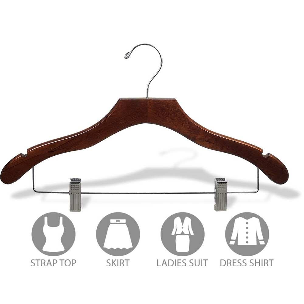 International Innovations Wavy Walnut Suit Hanger with Clips and Notches (Case of 50)