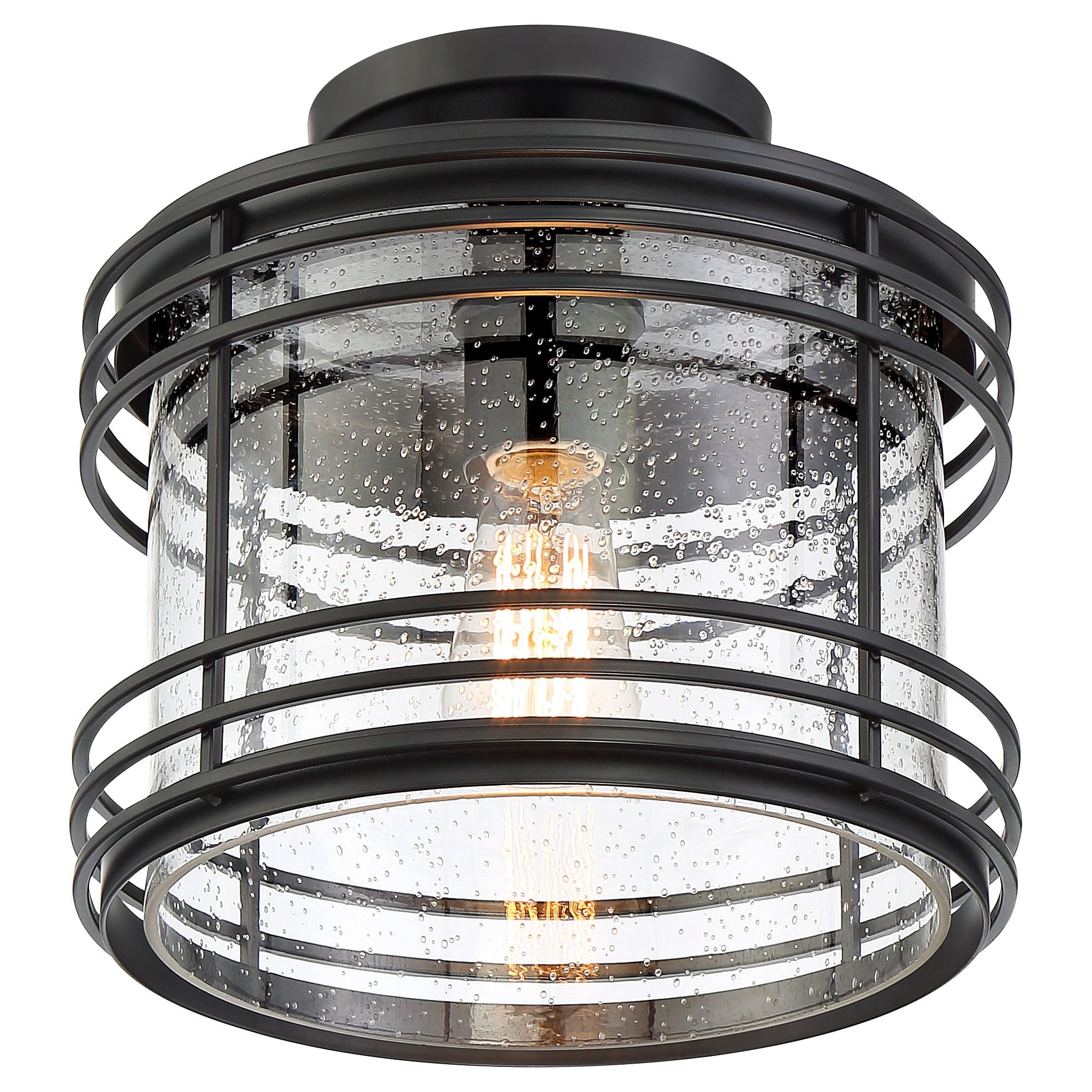Possini Euro Design Modern Semi Flush Mount Outdoor Ceiling Light Fixture Black Geometric 11" Clear Seedy Glass for Exterior House Porch Patio Deck