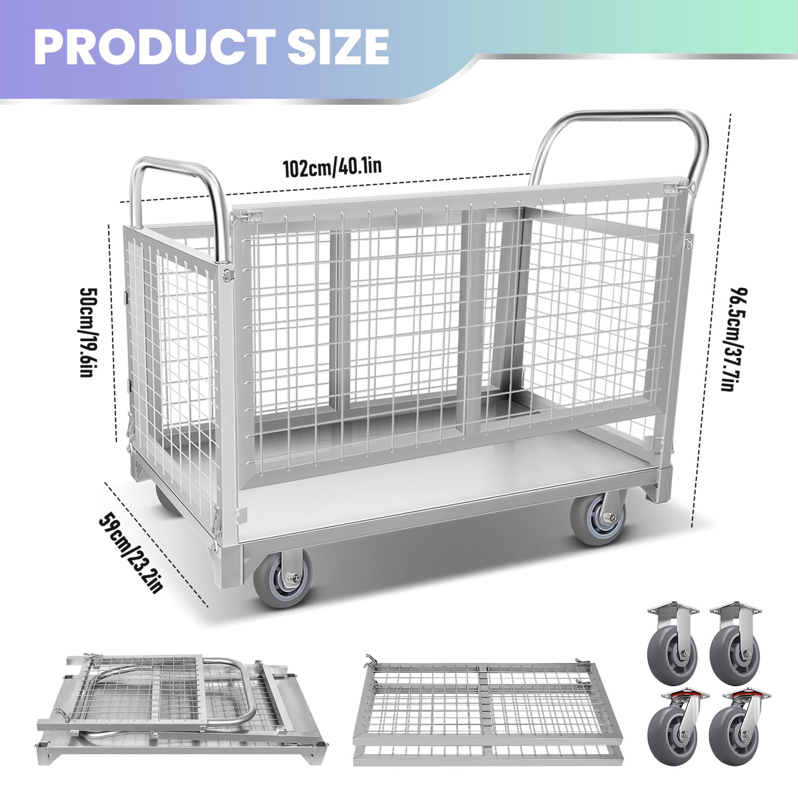 Platform Truck Cart with Cage, 40.1" L X 23.2" W X 19.6" H, 2200 LBS Load Capacity, Hand Truck with 4 Durable Universal Wheels, Alloy Steel Push Cart for Moving, Kitchen, Backyard, Farm
