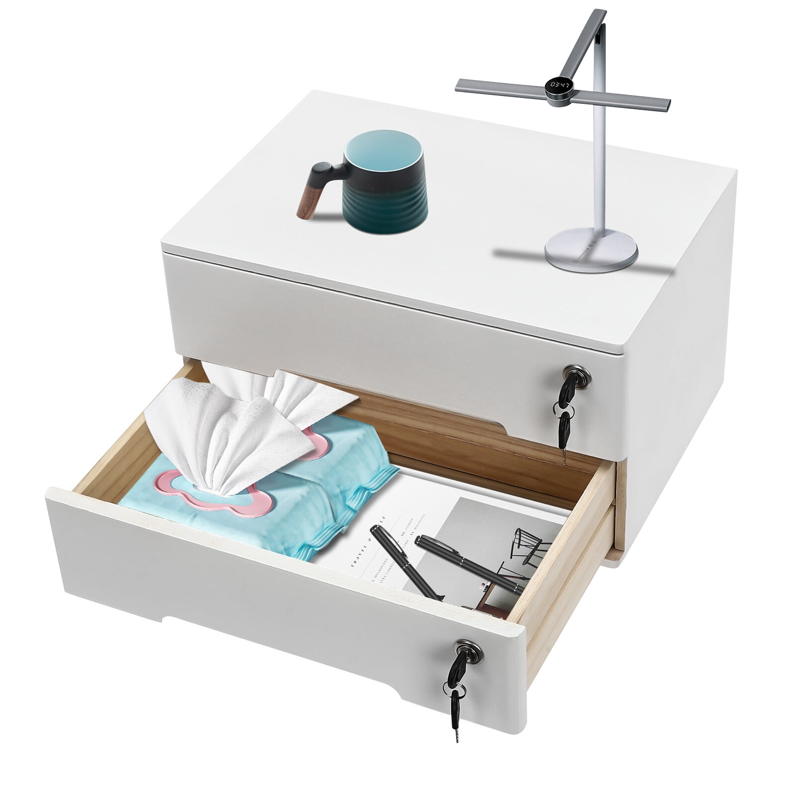 White Wooden Desktop Storage Box with Lockable Drawers, Office Supplies File Organizer, Flat File Cabinet