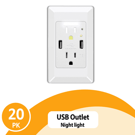 Night Light Outlet,NineLeaf 4.2A High Speed Duplex Receptacle with 2 USB Electrical ,Auto Nightlight Sensor and Wall Plates for Home Office Dorm Room,White,20 Pack