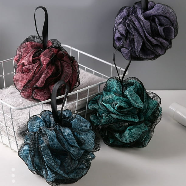 Esponja de Baño de Malla Suave y Esponjosa Bicolor para Adultos - Material de Polietileno, Espuma Densa, Cuerda para Colgar, Secado Rápido - Rojo, Azul, Verde, Morado (16 X 15 Cm)