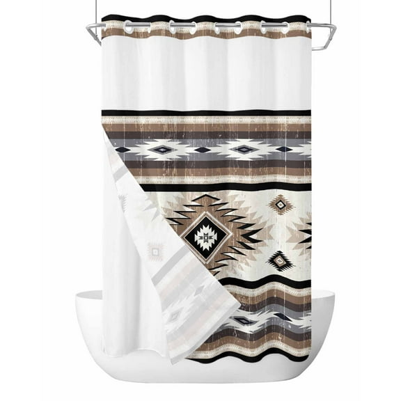 No Hook Cloth Fabric Shower Curtain with Snap in Liner, Brown Boho Waterproof Shower Curtains Set with See Through Top Window, Southwestern Ethnic Aztec Retro Geometric Bath Curtains Shower 36"x78"