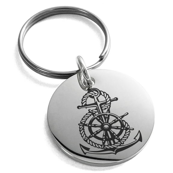 Tioneer Stainless Steel Nautical Anchor Ship Helm Wheel Engraved Small Medallion Circle Charm Keychain Keyring