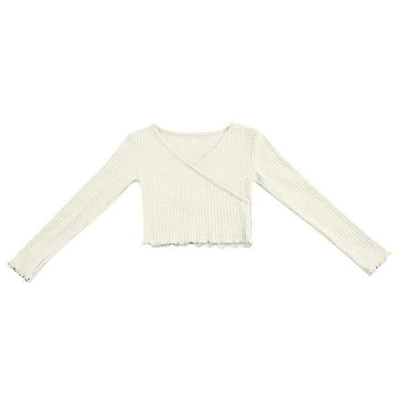 Kaemgyyd 7-18 Years Children Girls Crop Tops Ribbed Knit Long Sleeve Shirts Solid Warp V Neck Casual Fashion Tee Kids Dancewear Outfit
