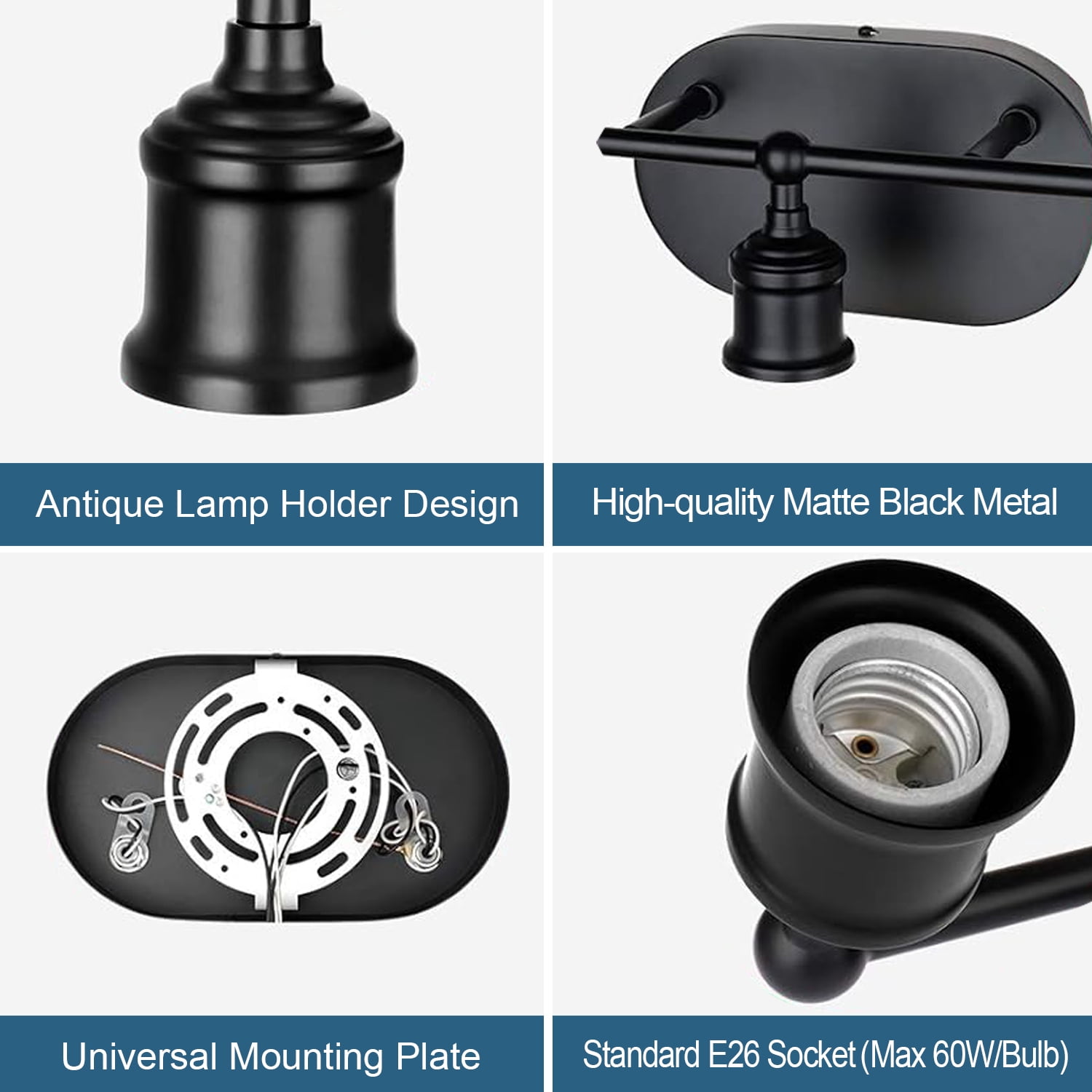 Black Vintage Vanity Light Fixture - 3-Light E26 Wall Mount for Bathroom (Bulbs Not Included)