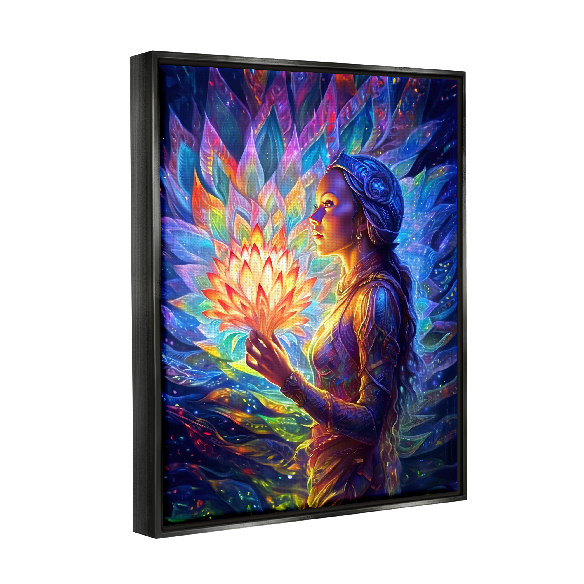 Stupell Industries Woman & Lotus Fractals Botanical & Floral Painting Black Floater Framed Canvas Art Print Wall Art, 17 x 21