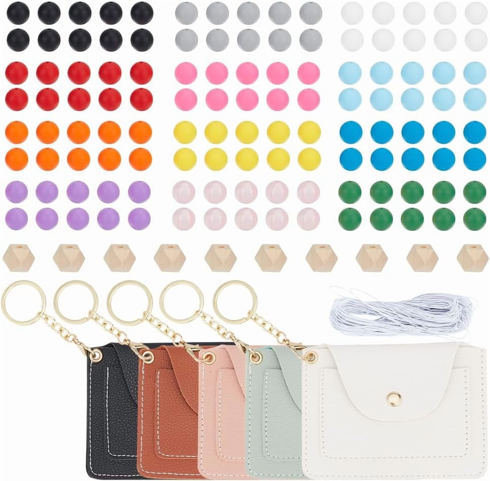 Silicone Beads for Keychain Making Kit 130pcs 13 Colors Beads with 5 PU Leather Card Holders 15/16mm Rubber Beads Set for Handicraft Rubber Keychain Bracelet Lanyard Making Mixed Color 2 Colorful DIY