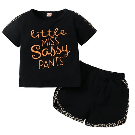

KIMI BEAR Newborn Baby Girls Outfits 3 Months Newborn Girls Summer Outfits 6 Months Newborn Girls Casual Letter Print T-shirt + Leopard Stitching Shorts 2PCs Set Black