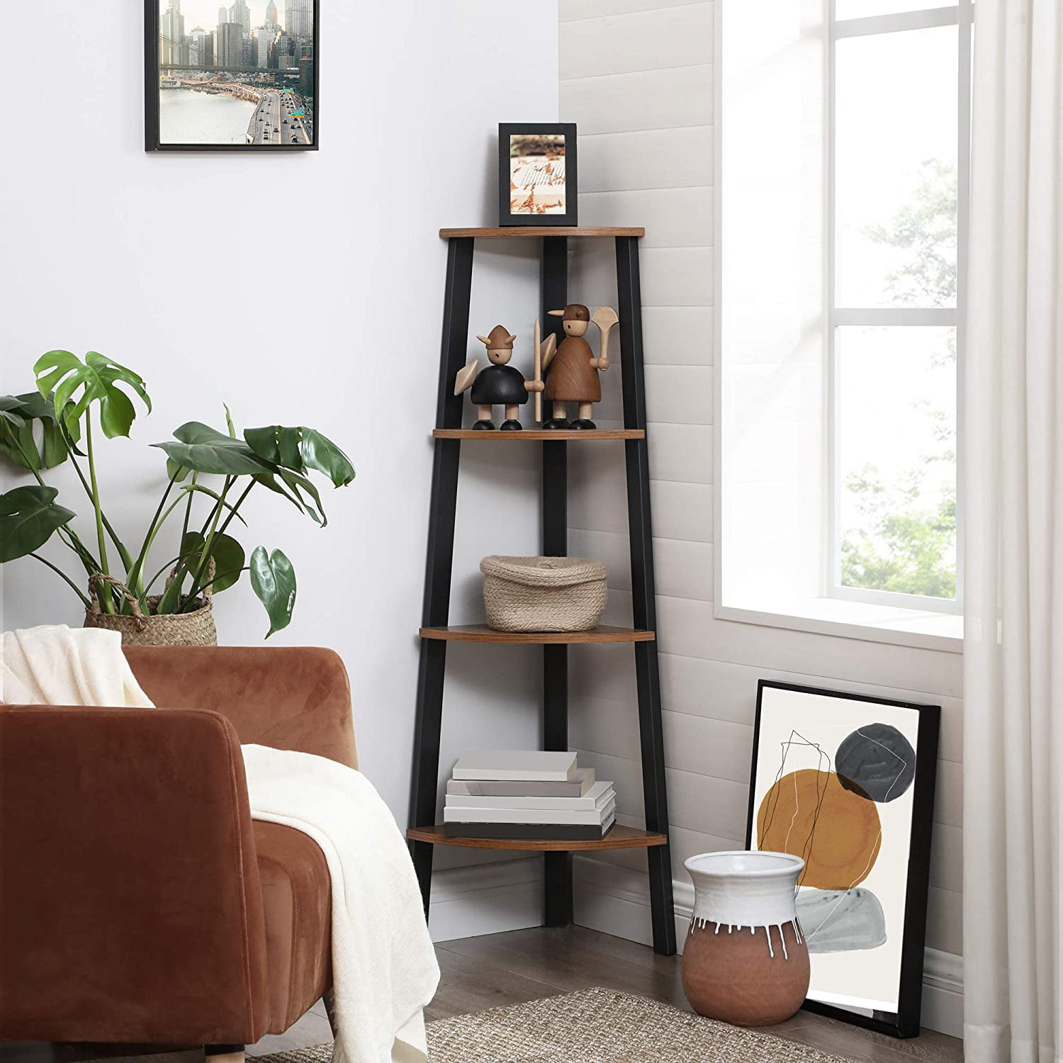 4-Tier Industrial Corner Shelf Bookcase Storage Rack Plant Stand For Home Office 