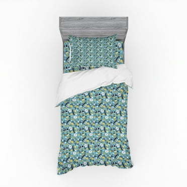 Doodle Duvet Cover Set, Style Nature Pattern with Flowers Leaves and Dots Cheerful Funky Motifs, Bedding Set with Shams and Fitted Sheet, 3 Sizes, by Ambesonne