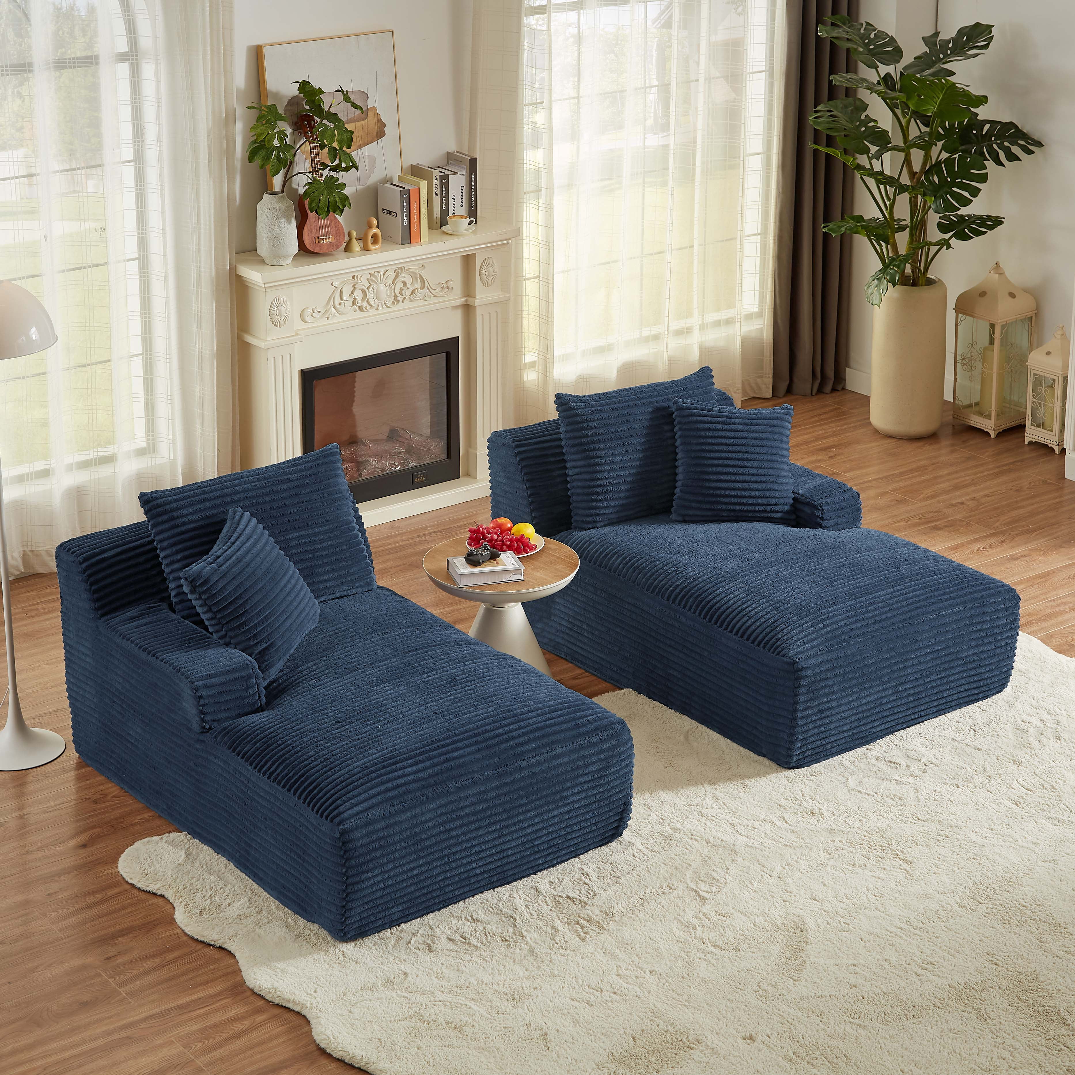 Miniyam Blue Compressible 2 Chaise Lounge - No Assembly Required, Fluffy Modern Sleeper Loveseat for Indoor Living Room Bedroom Reading
