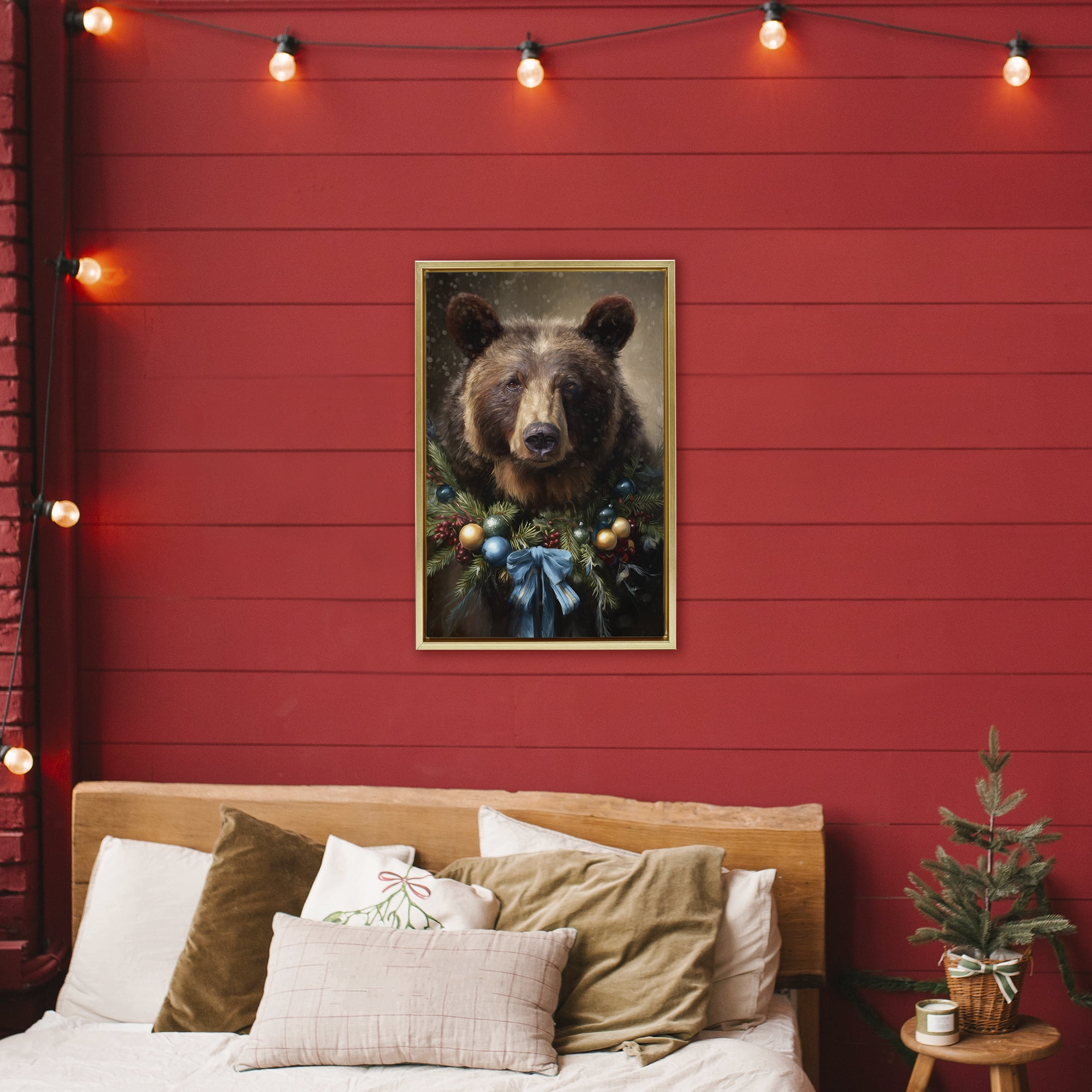 Stupell Industries Christmas Grizzly with Wreath Gold Framed Floater Canvas Wall Art, design by Tina LeCour