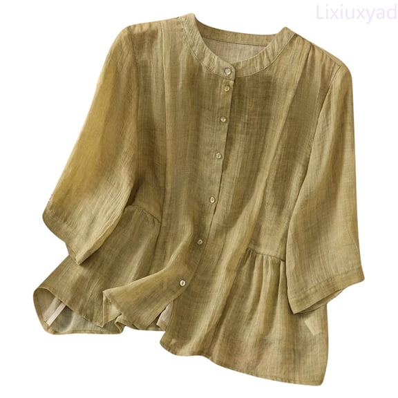 Lixiuxyad Women's Summer Loose Literary Casual Linen Temperament Solid Color Thin Shirt Top Dressy Casual,Green L
