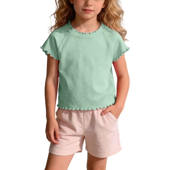 Xdegoge Toddler Baby Girls Short Sleeve T Shirt Casual Basic Solid Ruffle Lettuce Trim Tops Children Soft Breathable Summer Playwear School Activewear Clothes