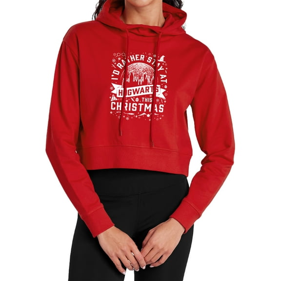 Harry Potter Hogwarts at Christmas Women's Cropped Hoodie Pullover Sweatshirt, Red, X-Small