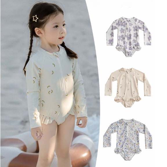 LYMAYTER Toddler One Piece Swimwear Long Sleeve Zipper Swimsuit for 6M-8Y Baby Girl Printing Guard Sets