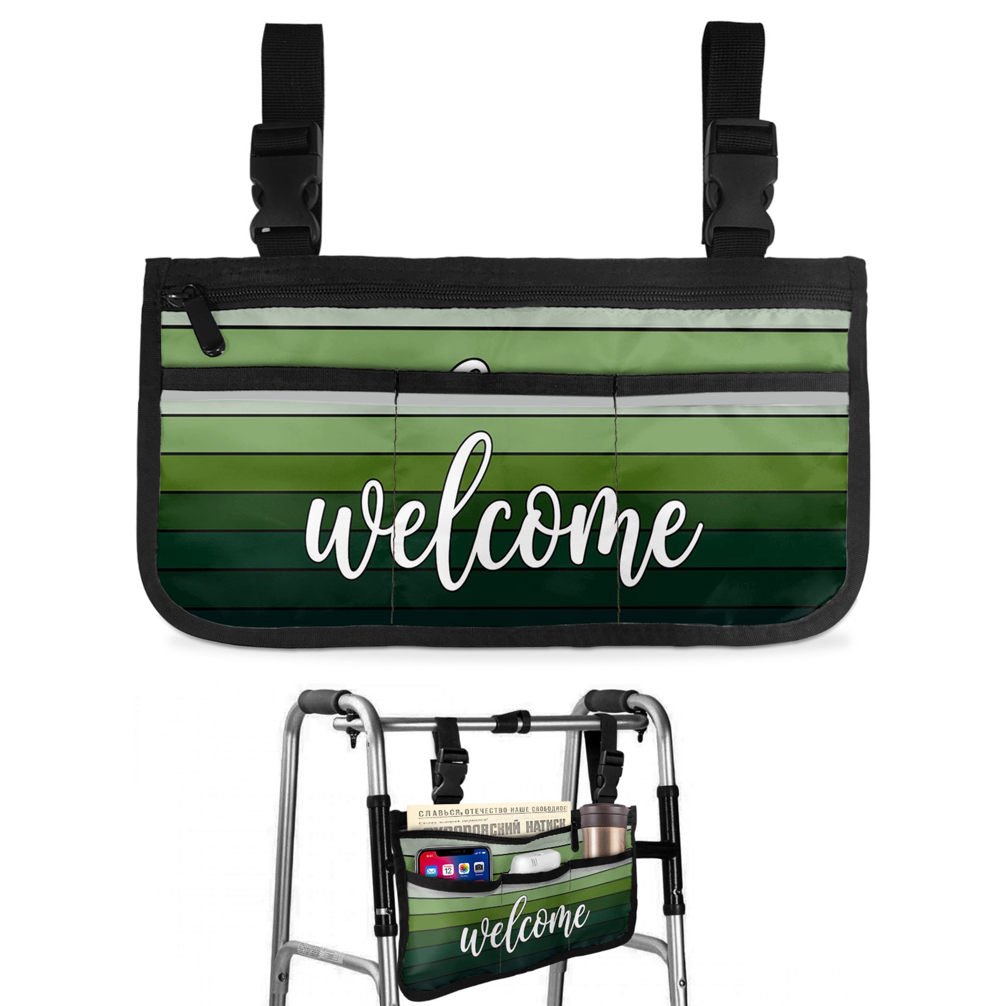 Welcome Text Wheelchair Side Bag with Cup Holder, Minimalist Forest Green Moss Stripes Wood Grain Wheelchair Armrest Bag Storage Pouch Adults, Seniors for Walkers, Rollator, Scooter