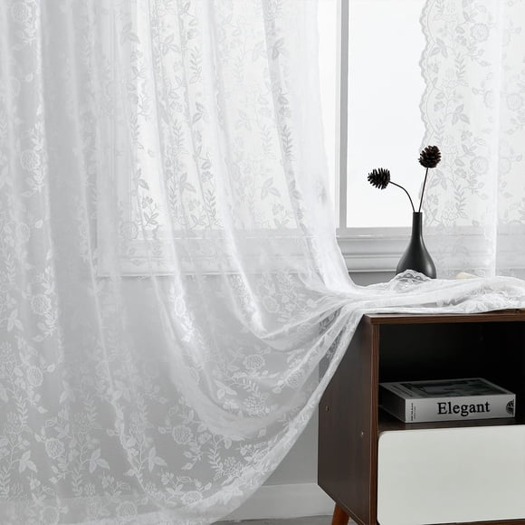 Cortinas FINECITY de encaje blanco vintage, 244 cm de longitud, 2 paneles