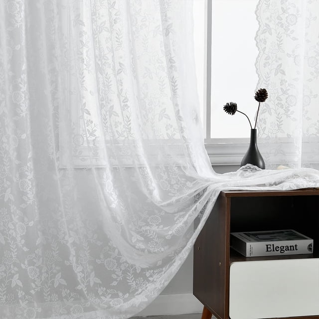 Cortinas FINECITY de encaje blanco vintage, 244 cm de longitud, 2 paneles