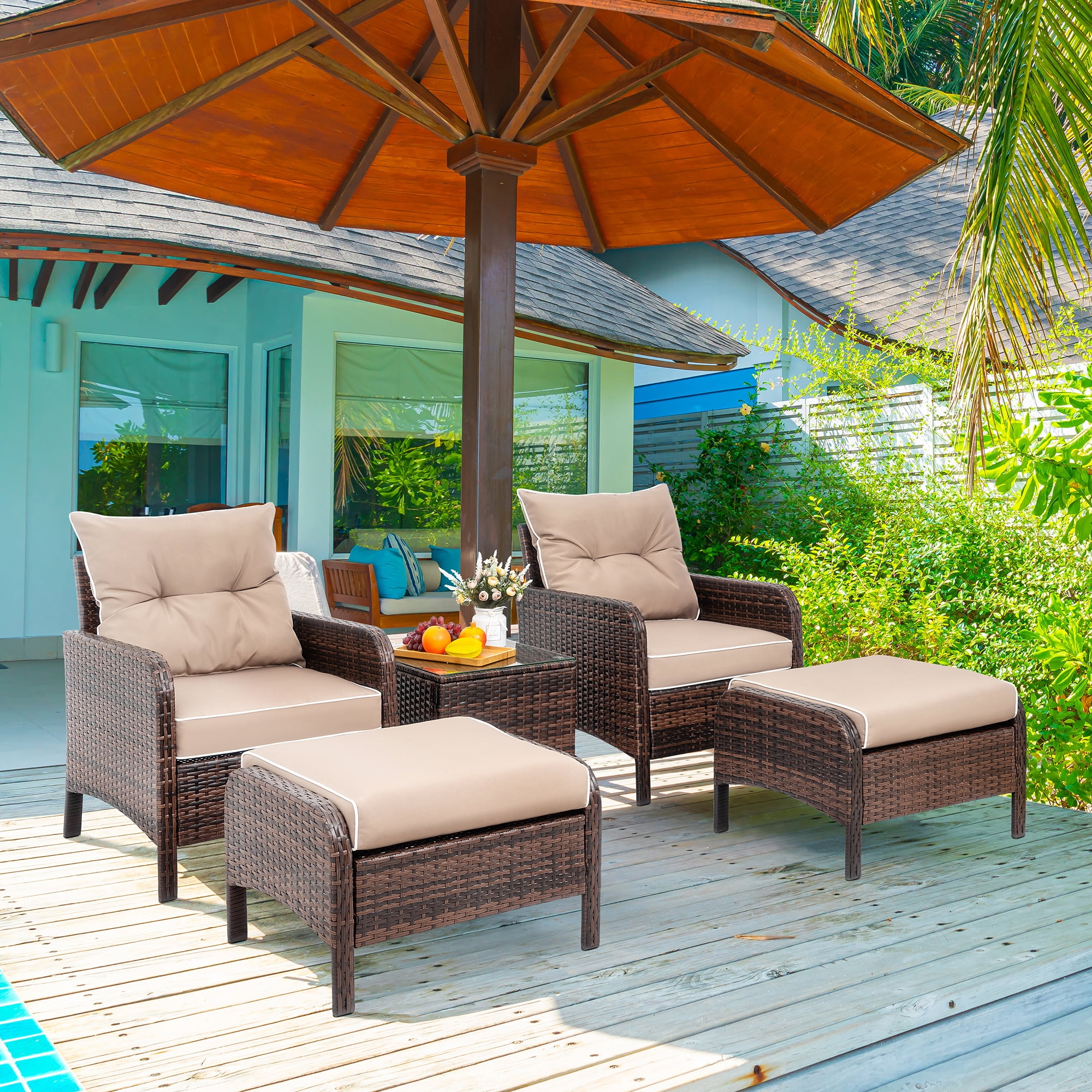 Sobaniilo Outdoor Furniture 5 Pieces Set, PE Wicker Rattan Brown Patio
