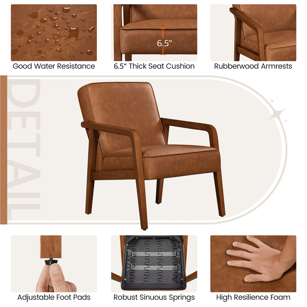Renwick 2pcs Mid-Century Modern Upholstered Faux Leather Armchair, Light Brown