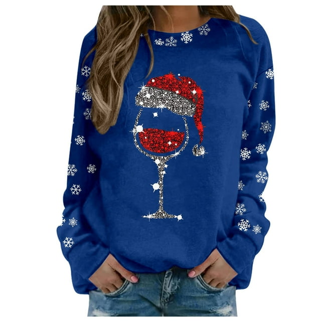 Glisme Chandail en Molleton de Noël pour Femmes Col Rond Imprimé Chandail Manches Longues Chemises d'Entraînement Coupe Régulière Ample Usage Quotidien Bleu
