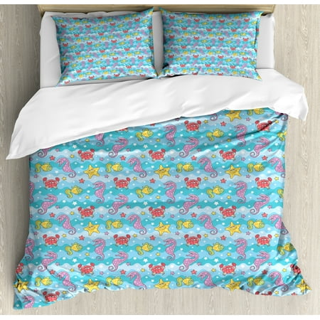 Baby Queen Size Duvet Cover Set Marine Inspired Cartoon Sea Baby Queen Size Duvet Cover Set Marine Inspired Cartoon Sea Creatures Starfish Seahorse With Wavy