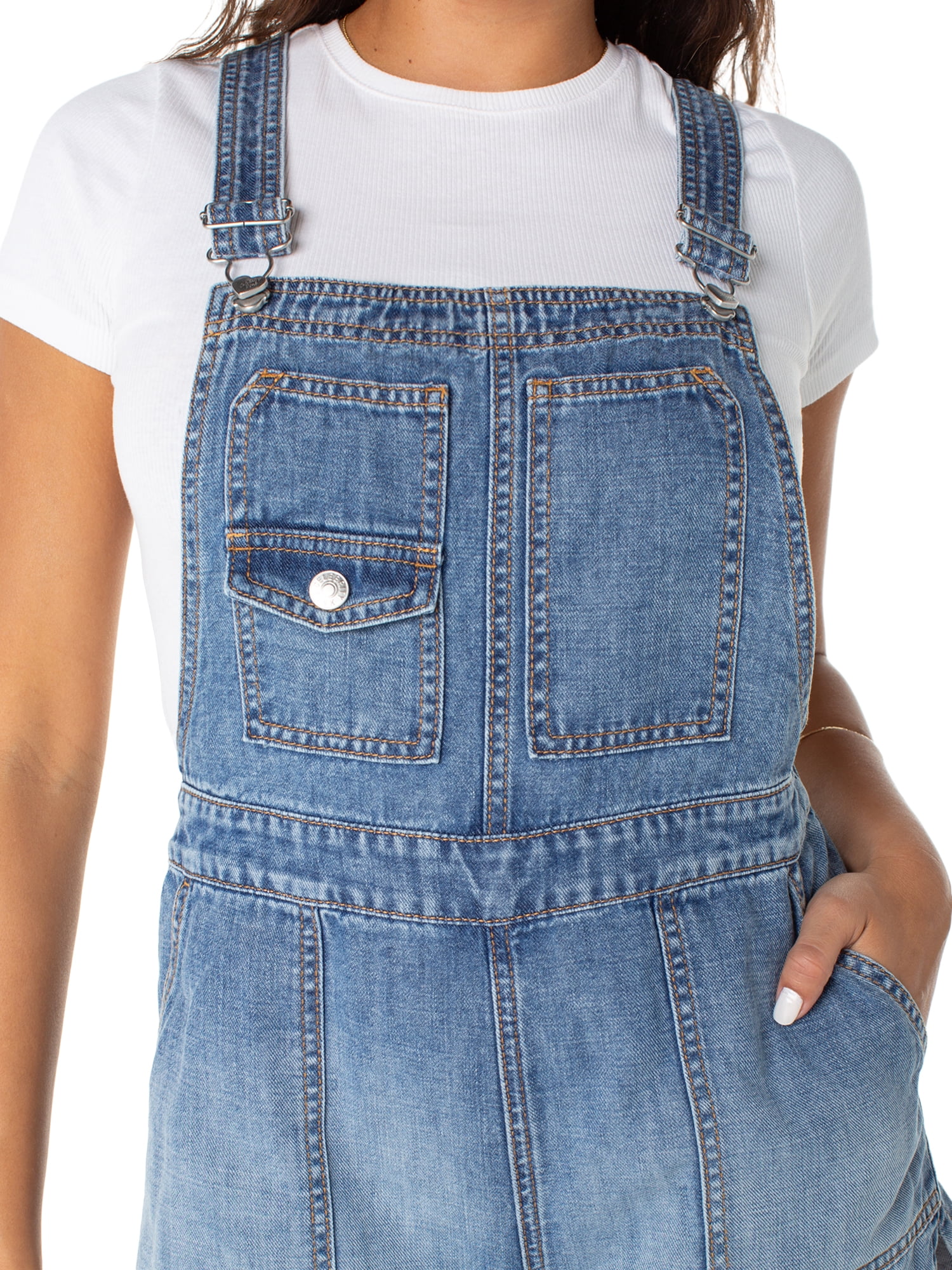 Celebrity Pink Women's Drapey Denim Dolphin Hem Shortalls, Sizes XS-XXXL