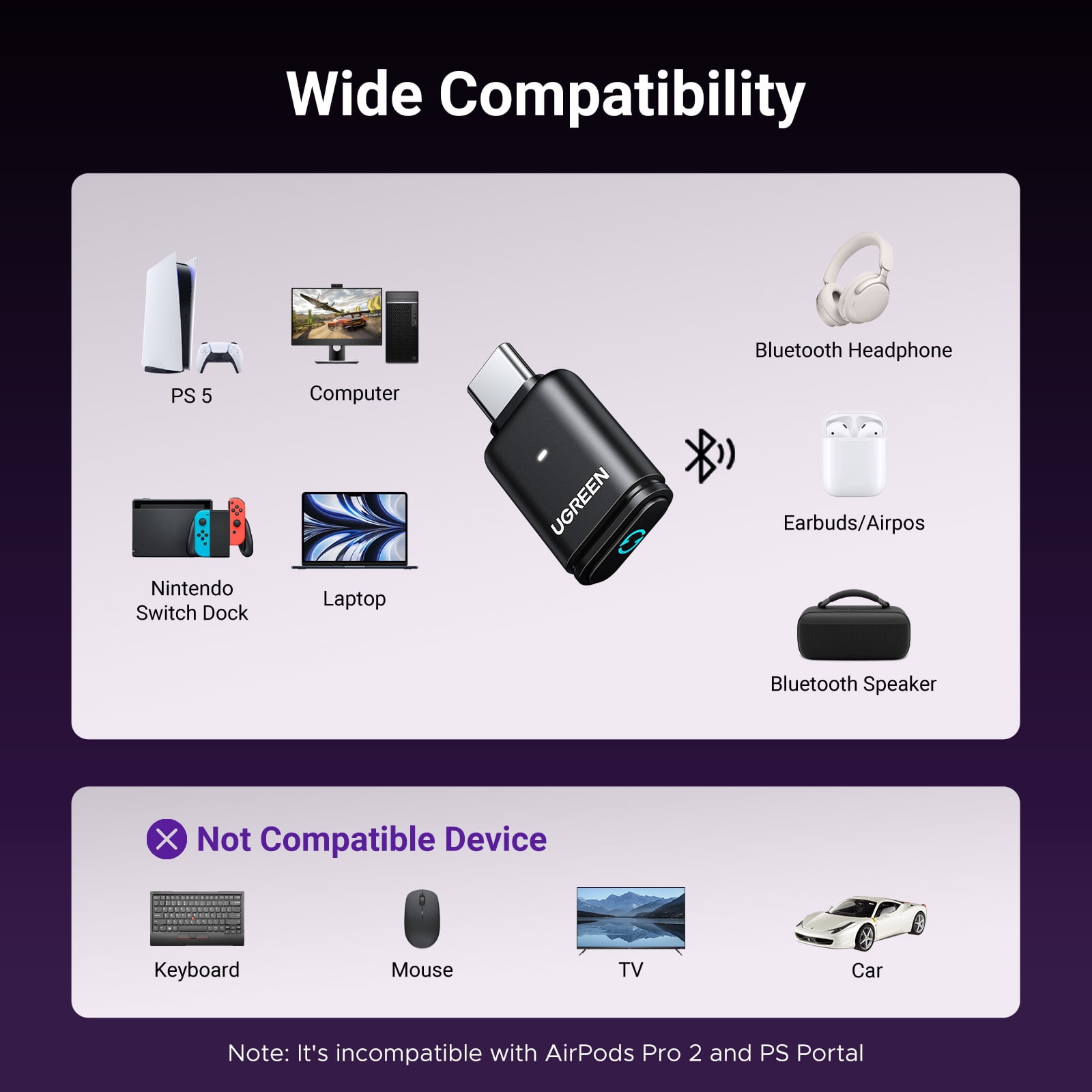 UGREEN Bluetooth 5.3 Adapter for PS5 & Gaming, Compatible with USB-C Devices, APTX Low Latency Audio for Wireless Headphones