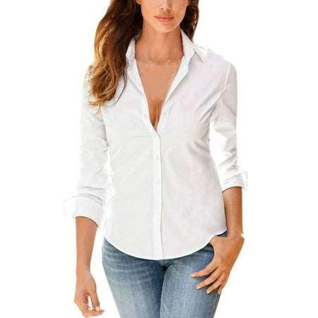 Collar White Shirt - Sweetsmile Women's Blouses Long Sleeve White Blouses for Women Clearance White Career Shirts Turn-down Collar S-2XL