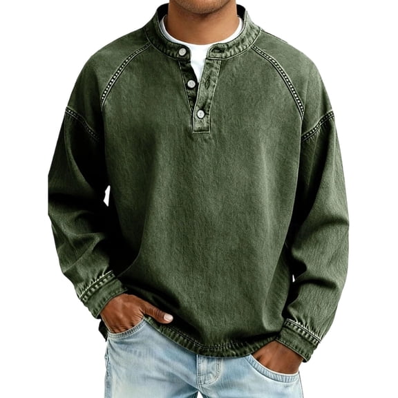 JUUYY Men's Denim Shirt Button Up Long Sleeve Relaxed Fit Solid Color Distressed Washed Stand Collar Casual Vintage Pullover Tops Army Green S