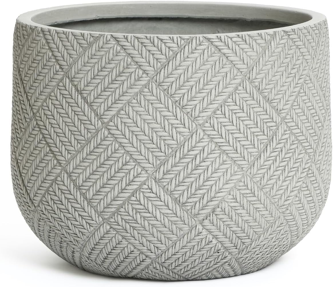 LuxenHome 14-Inch Dia Round Concrete Planters, Large Outdoor Indoor Decorative  Pots with Drainage Holes and Rubber Plug, Modern Gray Glen Woven Pattern Flower Pot Planters for Home Garden Patio