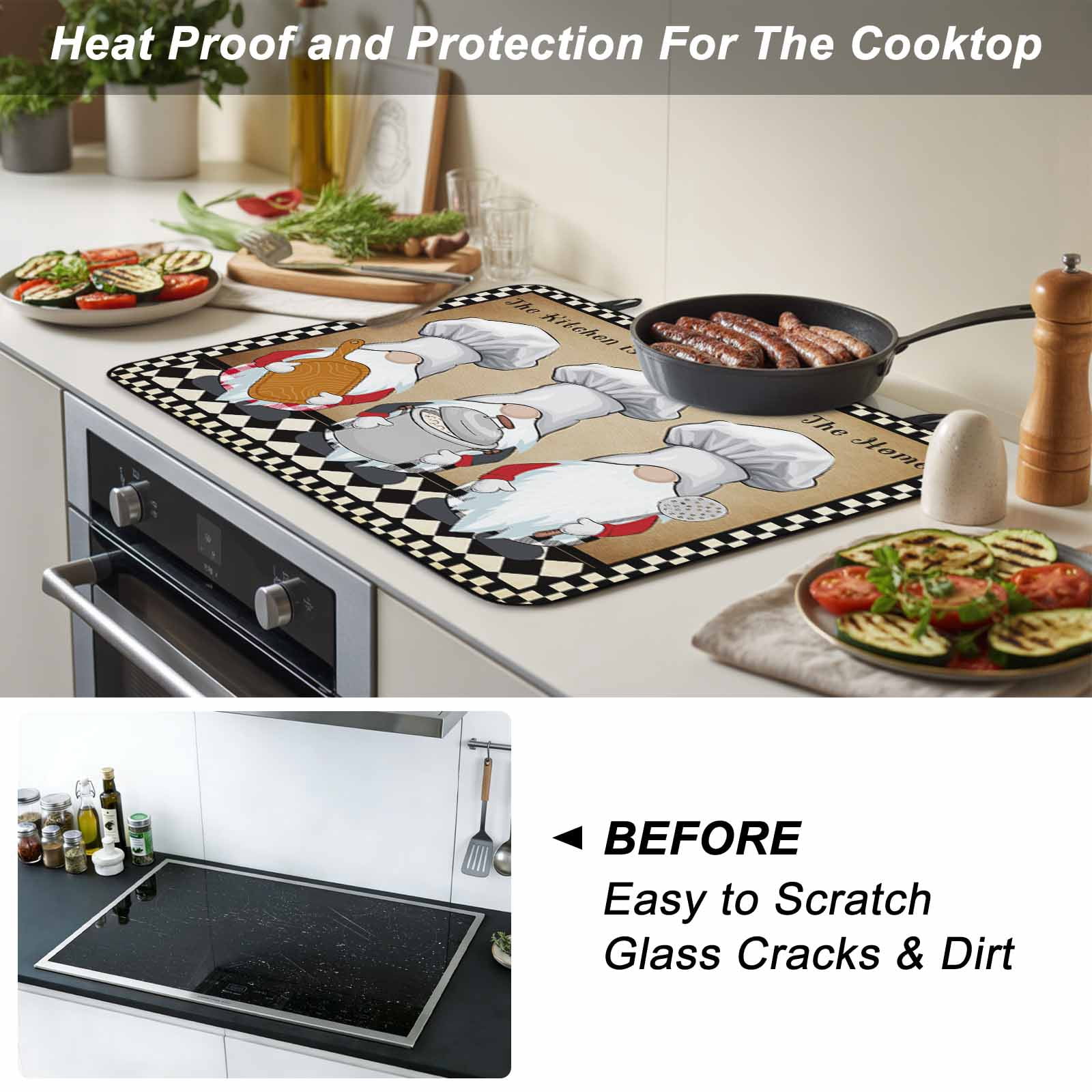 Farmhouse Chef Gnomes Stove Top Cover for Electric Stove, Heat-proof & Non Slip Glass Top Stove Cover Protector, Vintage Black White Plaid Kitchen Flat Cooktop Rubber Mat 31x24 Inches