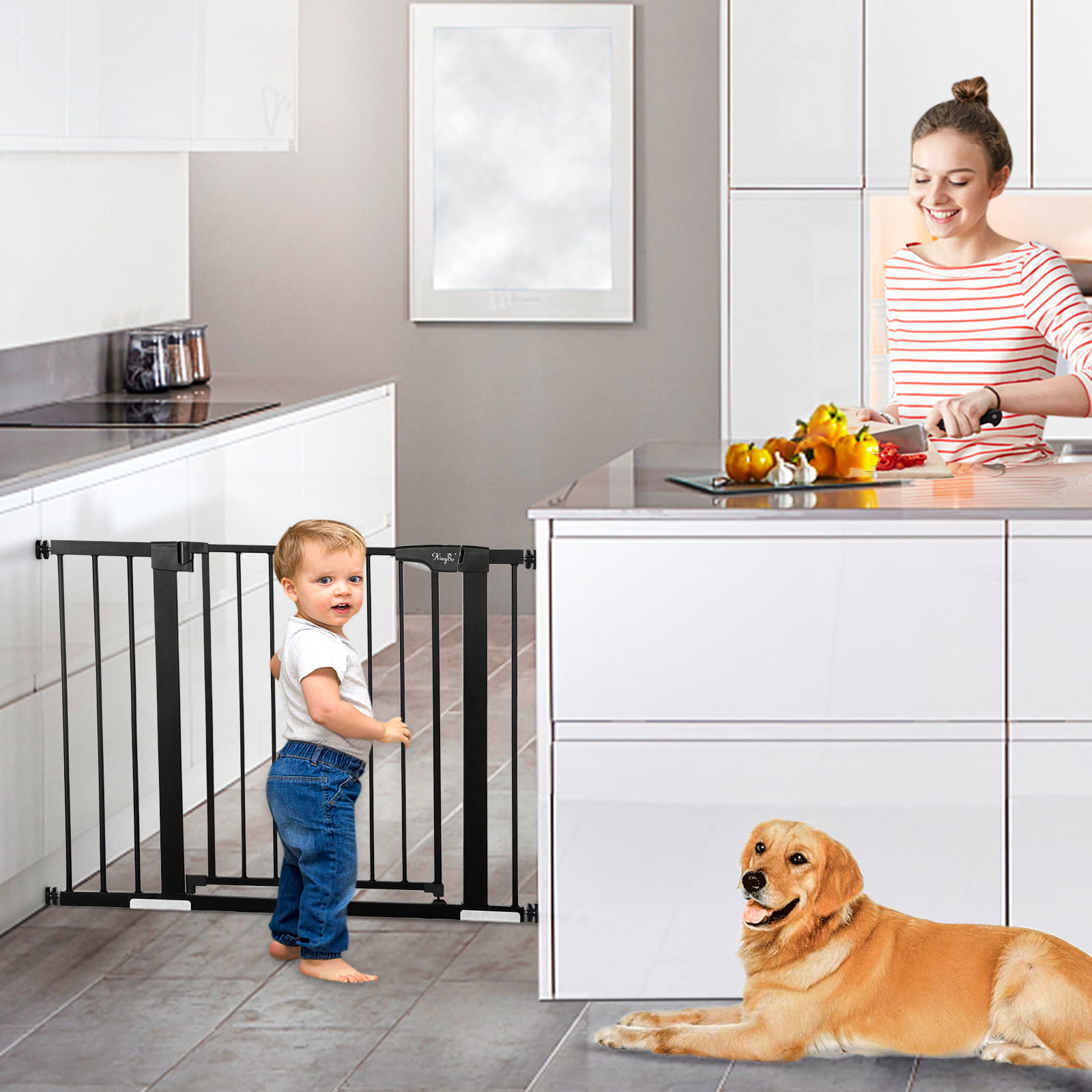 2.75 & 8.25 Extension White Include 4 Pressure Bolts KINGSO 43.3 Baby Gate Extra Wide Tall Dog Gates for Doorways Stairs Child Gate Easy Walk Thru Safety Gate for House Fits 37.8-43.3 